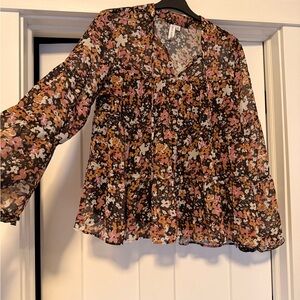 Black and Orange Ruffled Long Sleeve Blouse with Mandarin Collar